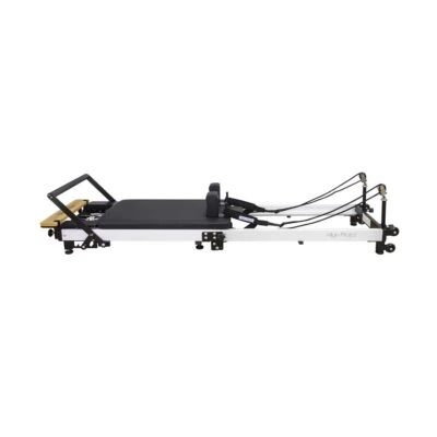 Side angle of the Align-Pilates F3 Folding Pilates Reformer with footbar position up